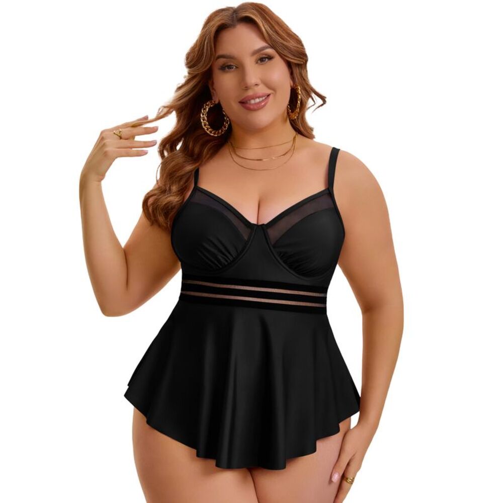 Women Plus Size Tummy Control V Neck Tankini Swim Set Bra Black